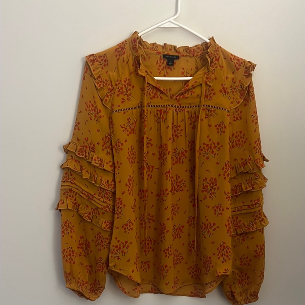 Floral Ruffle Blouse - Mustard and Red
